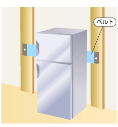 冷蔵庫の後ろにある取手にベルトを通し、壁に固定する